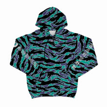 Load image into Gallery viewer, Neon Teal and Purple Beast Camo Unisex Hoodie Front
